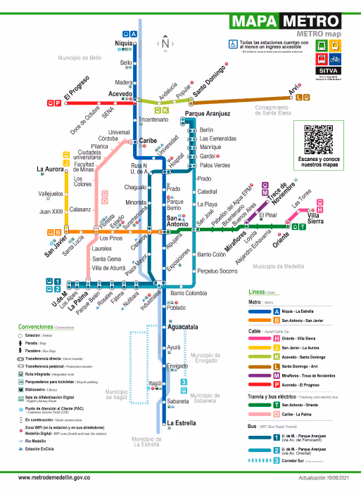 Mapa oficial del Metro de Medellín con estaciones, líneas y conexiones del sistema integrado de transporte